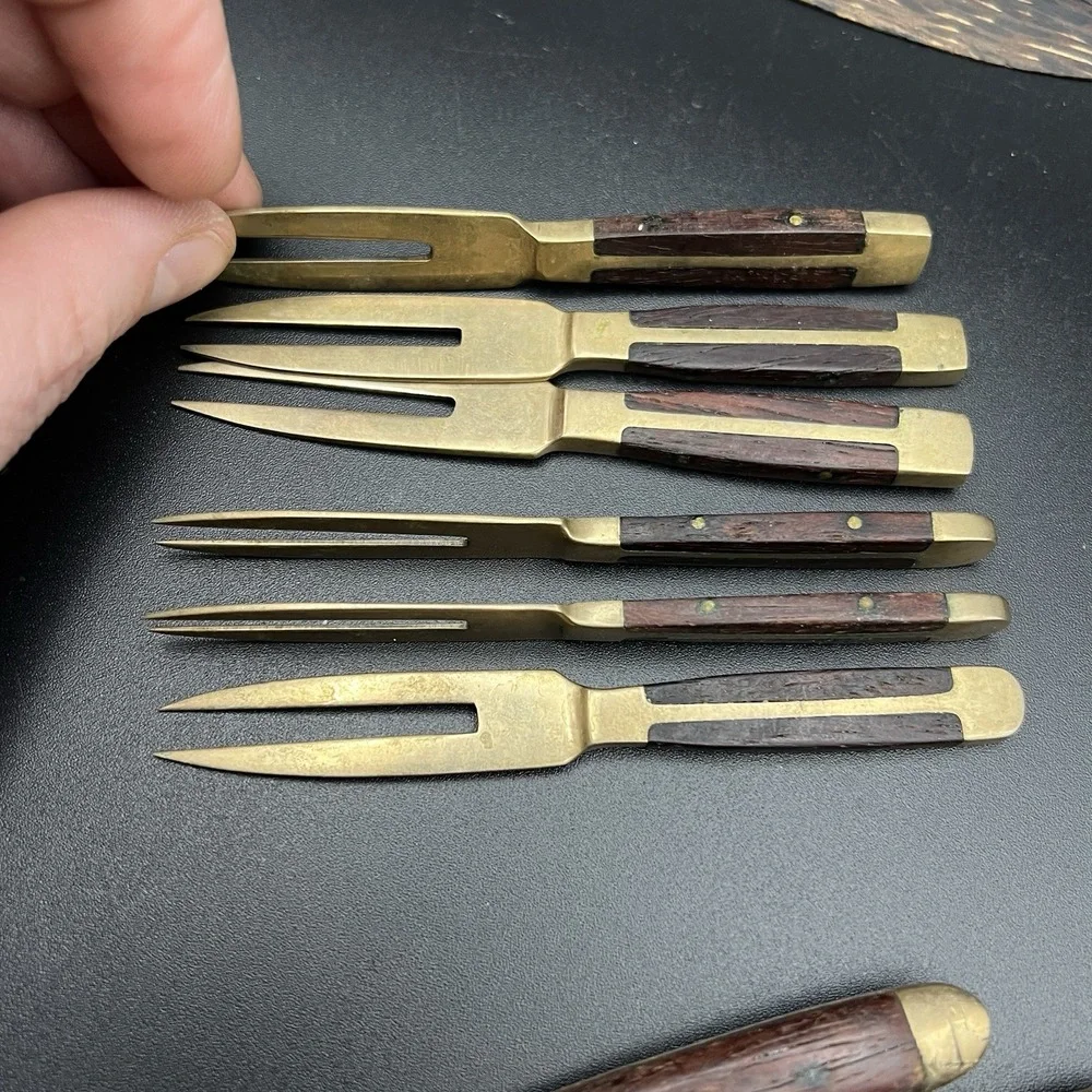 VTG Brass & Wood Demitasse Forks Knives & Spoon -‎ Lot of 10 - Thailand - Unique